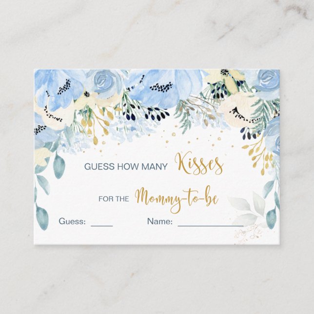 Floral Blue Baby Shower Guess How Many Kisses Enclosure Card (Front)