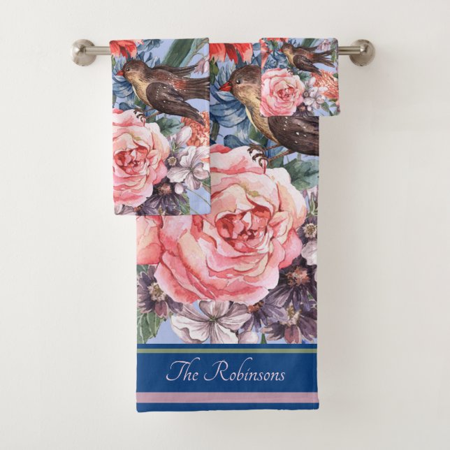 Floral Blue Background Roses Hyacinth Wild Flowers Bath Towel Set (Insitu)