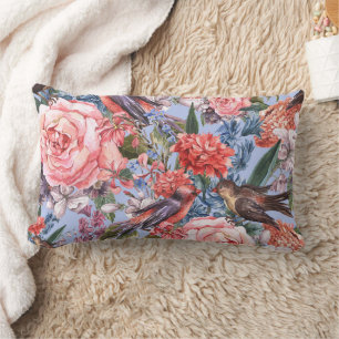 Floral Blue Background Roses Hyacinth Wild Flowers Lumbar Pillow