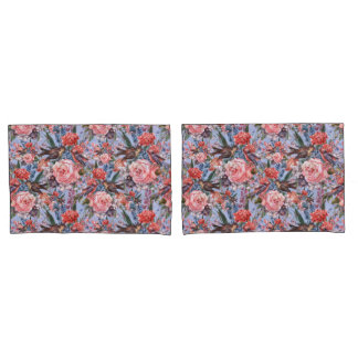 Floral Blue Background Roses Hyacinth Wild Flowers Pillowcase