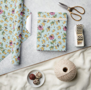 Floral Blue Bee, Honeycomb & Flowers Wrapping Paper