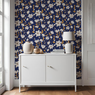 Floral Blue Beige Lily Botanical Pattern Wallpaper