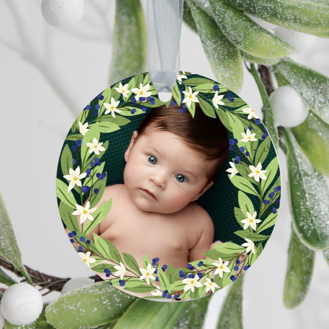 Floral Blue Berries Greenery Wreath Photo Ceramic Ornament (Creator Uploaded)