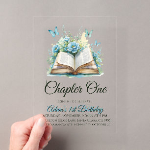 Floral Blue Book Boy Chapter One 1st Birthday Acrylic Invitations