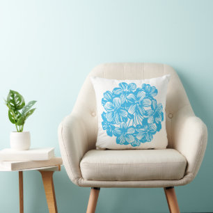 Floral Blue Botanical Hydrangea Flower Blossoms Throw Pillow
