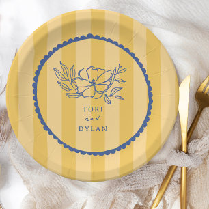 Floral Blue Botanical Yellow Stripe Wedding Paper Plate