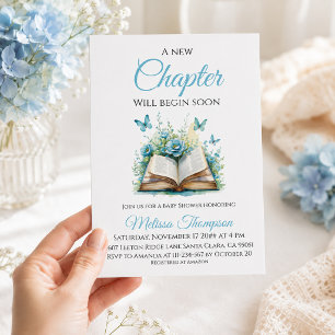 Floral Blue Boy Book Theme New Chapter Baby Shower Invitation