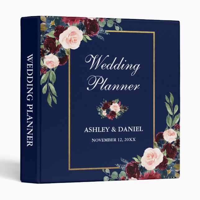 Floral Blue Burgundy Blue Gold Wedding Planner Binder (Front/Spine)