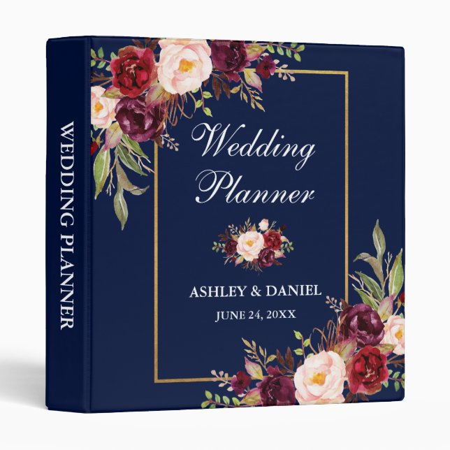 Floral Blue Burgundy Gold Wedding Planner Binder (Front/Spine)