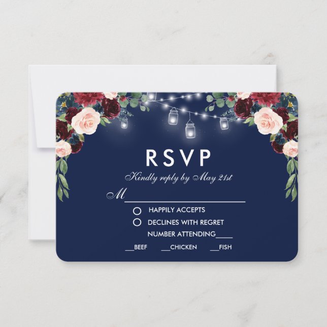 Floral Blue Burgundy Jars Wedding Meal RSVP (Front)