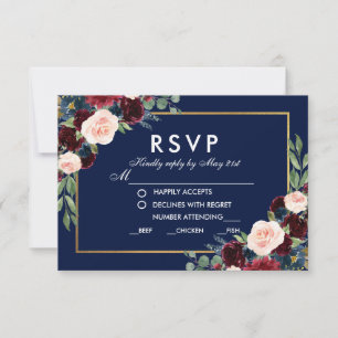 Floral Blue Burgundy Wedding Meal RSVP Gold Card