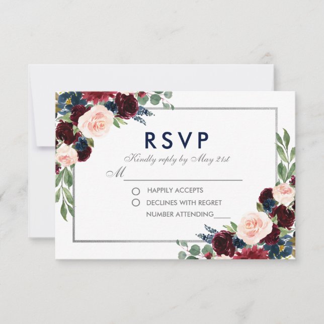 Floral Blue Burgundy Wedding  Silver RSVP (Front)