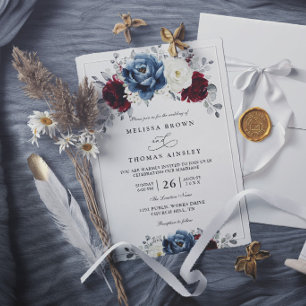 Floral Blue Burgundy White Ivory Elegant Wedding Invitation