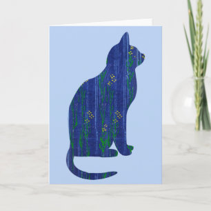 Floral Blue Cat on Blue Art Note Card