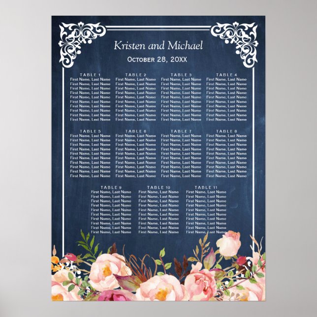 Floral Blue Chalkboard Wedding Seating Chart (Front)