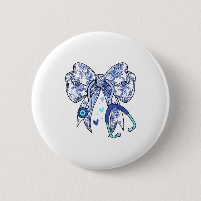 Floral Blue Coquette Bow Nurse Stethoscope Medical 2 Inch Round Button (Front)