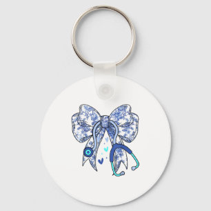 Floral Blue Coquette Bow Nurse Stethoscope Medical Keychain