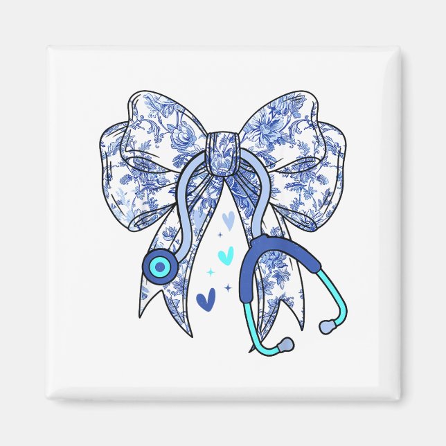 Floral Blue Coquette Bow Nurse Stethoscope Medical Magnet (Front)