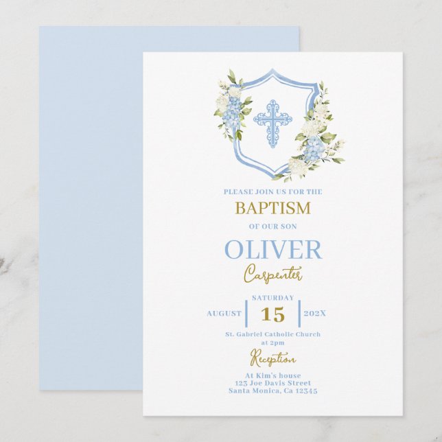 Floral Blue Crest Baptism Invitation (Front/Back)