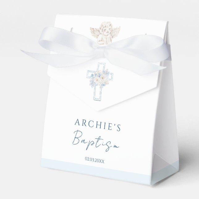 Floral Blue Cross Angel Baptism Favor Box (Front Side)