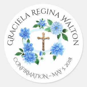 Floral Blue Dahlias Crucifix  Confirmation Classic Round Sticker