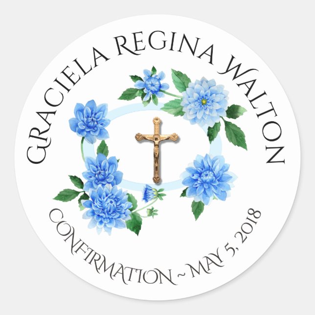 Floral Blue Dahlias Crucifix  Confirmation Classic Round Sticker (Front)