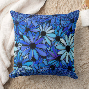 Floral Blue Daisy Flowers Pattern Pastel Throw Pillow