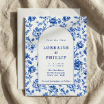 Floral blue delftware style arch vintage style save the date<br><div class="desc">Announce your wedding in style with this elegant blue and cream floral Save the Date card. The front of the card features a vintage-inspired floral frame, encircling the essential wedding details in classic serif fonts. The timeless design, in shades of blue and cream, adds a touch of refined sophistication, perfect...</div>