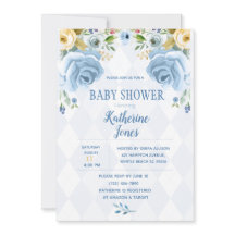 Floral Blue Diamond Baby Boy Shower Invitation
