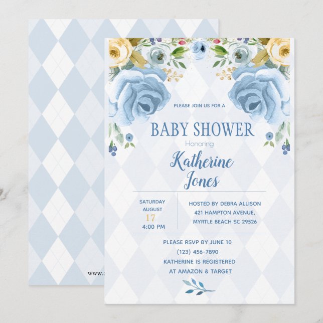 Floral Blue Diamond Baby Boy Shower Invitation (Devant / Derrière)