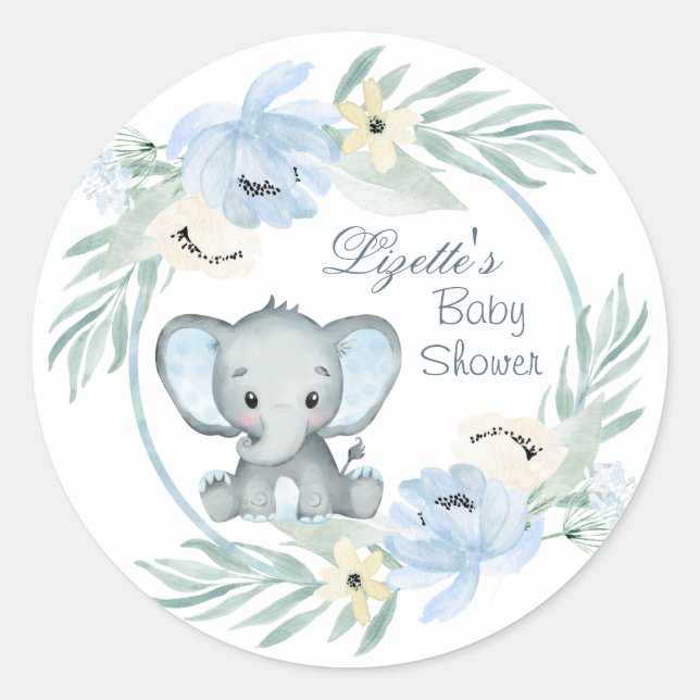 Floral blue Elephant Baby Shower Classic Round Sticker (Front)