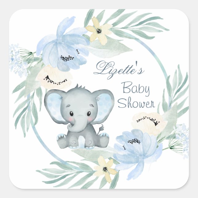 Floral blue Elephant Baby Shower  Square Sticker (Front)