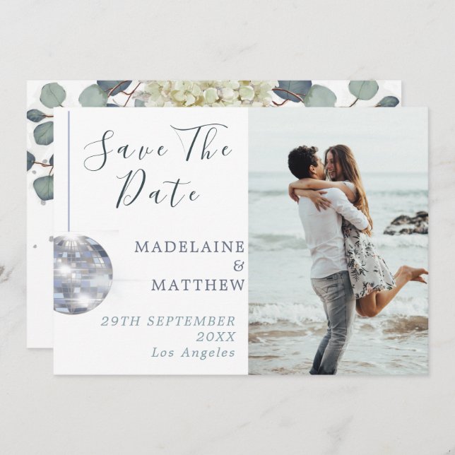 Floral Blue Eucalyptus  Disco Elegant Wedding Save The Date (Front/Back)