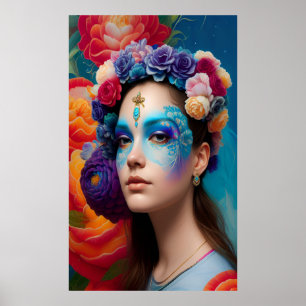 Floral blue face makeup poster