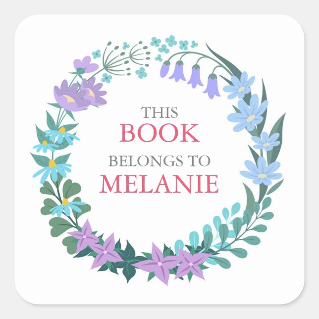 Floral Blue Flower Wreath Bookplate Sticker (Front)