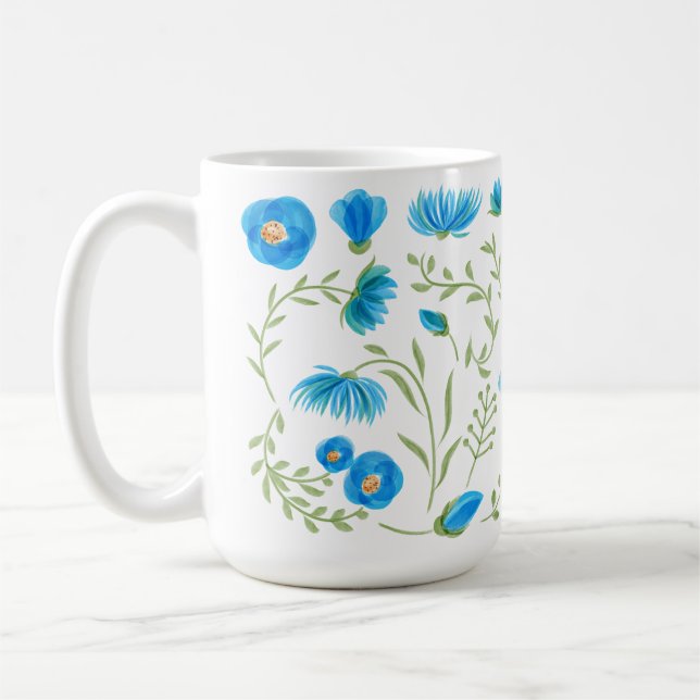 Floral blue folk art pattern coffee mug (Left)