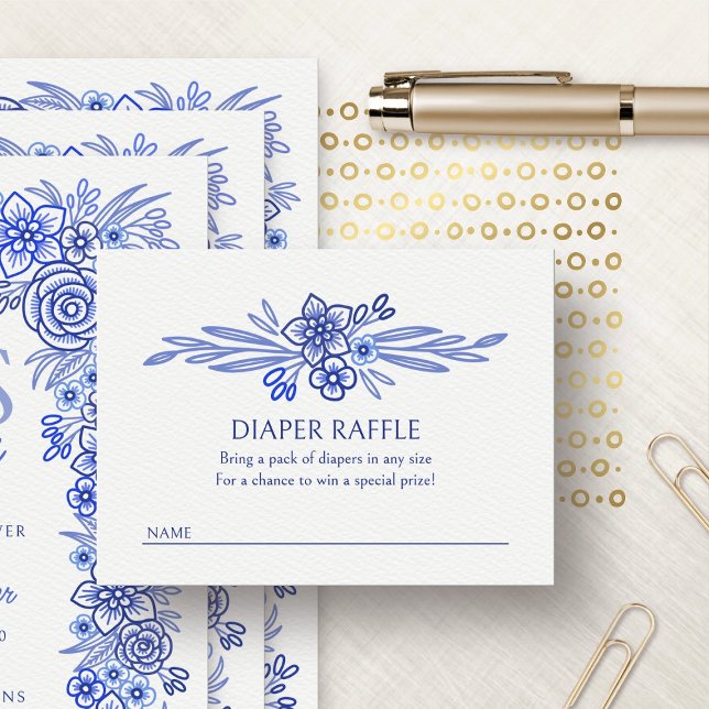 Floral Blue French Diaper Raffle Shower Enclosure Card (Creator Uploaded)