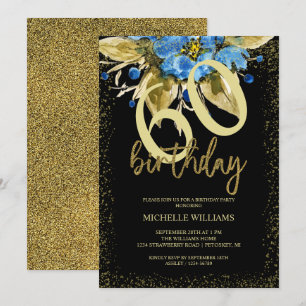 Floral Blue Glitter Gold Calligraphy Birthday Invitation