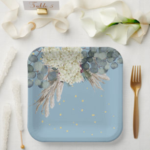 Floral Blue Gold Elegant Birthday Paper Plate