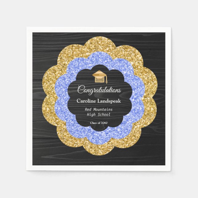 Floral Blue Gold Graduation Party Napkin (Front)
