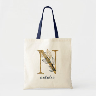 Floral Blue Gold Leaf Plant Monogram Letter "N" Tote Bag