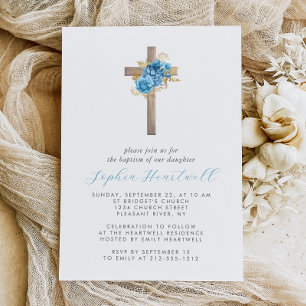 Floral Blue Gold Roses Cross Girl Baptism Invitation