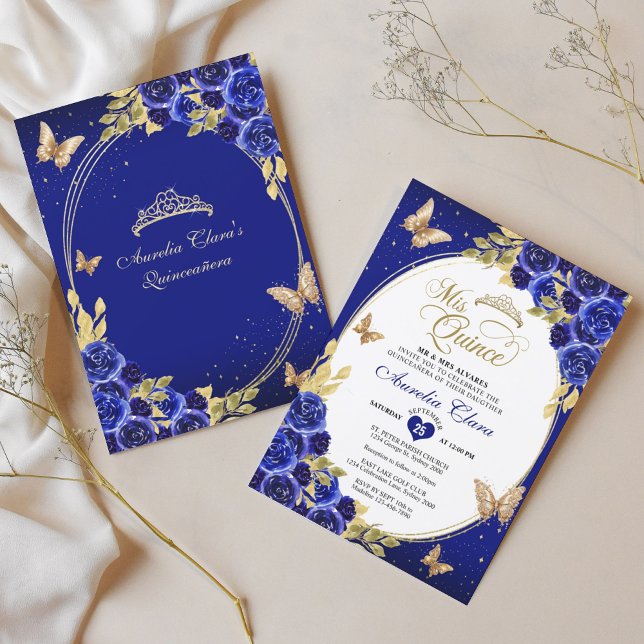 Floral Blue Gold Tiara Butterfly Mis Quinceañera Invitation (Creator Uploaded)