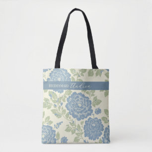 Floral Blue Green Block print w Blue Stripe  Tote Bag