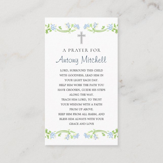 Floral Blue Green Cross Baptism Prayer Calling Card (Front)