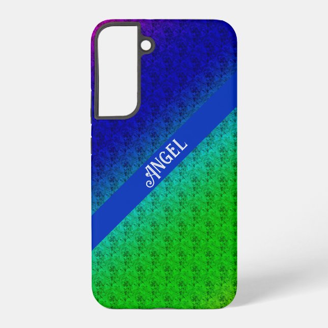 Floral Blue Green Rainbow Diagonal Blend Add Name Samsung Galaxy S22+ Case (Back)