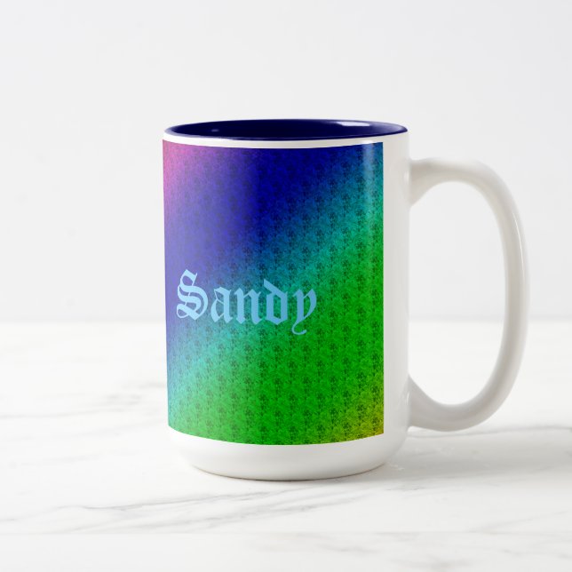 Floral Blue Green Rainbow Gradient Diagonal Blend Two-Tone Coffee Mug (Right)