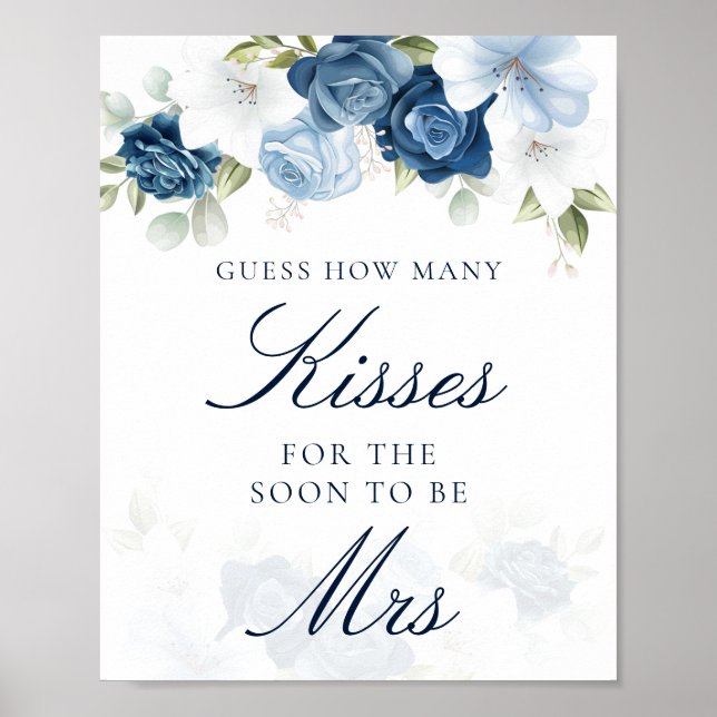 Floral Blue How Many Kisses Bridal Shower Game Poster (Front)