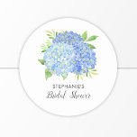 Floral Blue Hydrangea Bouquet Bridal Shower  Classic Round Sticker<br><div class="desc">These bridal shower stickers feature watercolor blue hydrangea flowers and green foliage Personalize the text with the bride's name. These stickers are ideal for use as envelope seal stickers or for decorating favours. Matching bridal shower party supplies also available.</div>