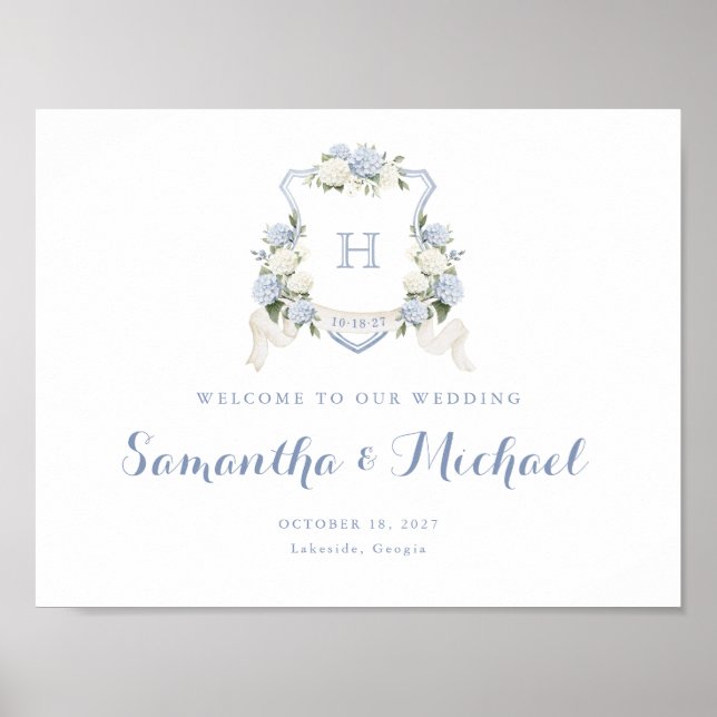 Floral Blue Hydrangea Crest Monogram Affiche de bi (Devant)